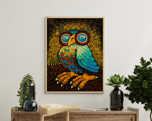 Original Painting "Owl" by Guido Vedovato 7.1” x 9.4” - ThePopUp Art Gallery