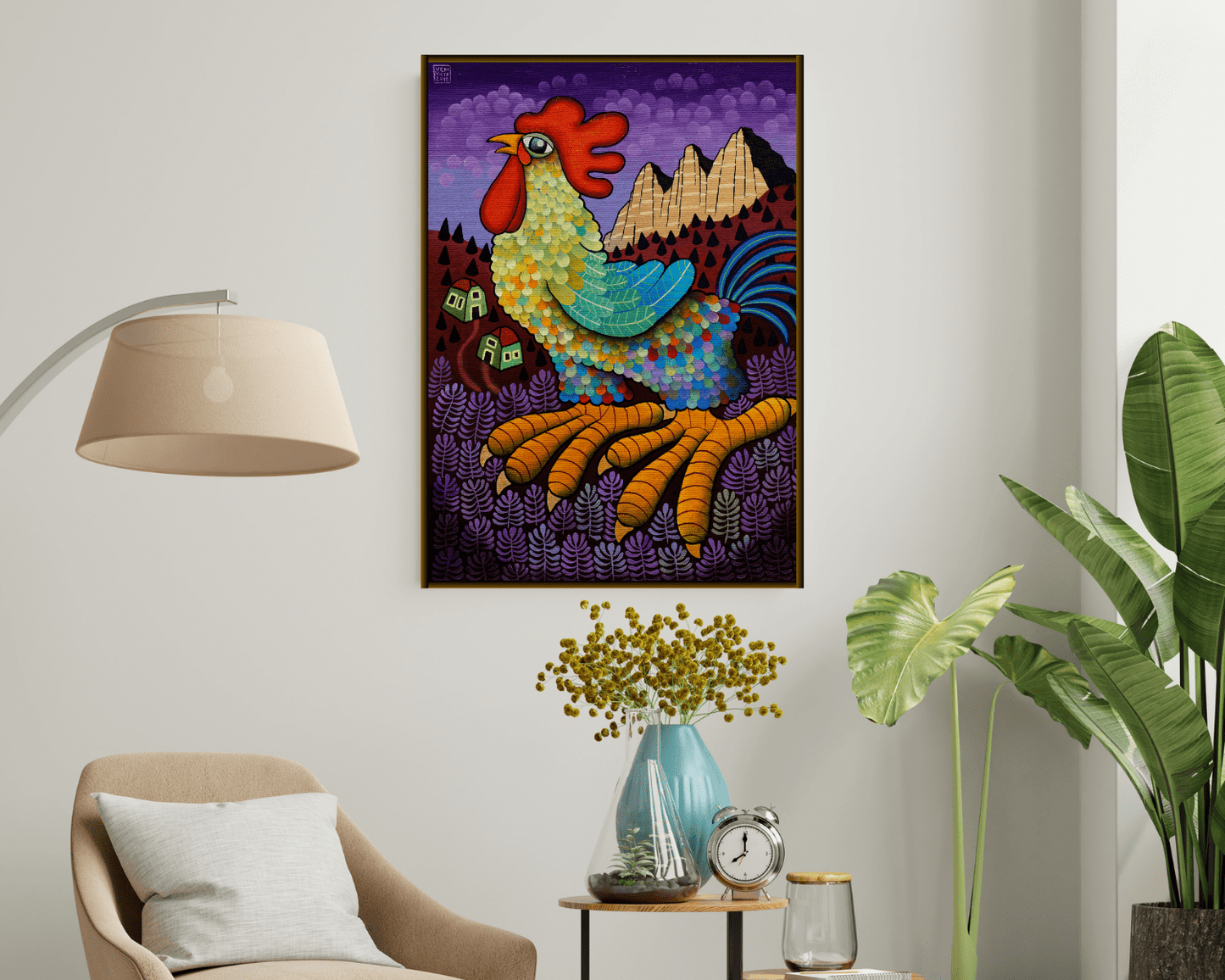Original Painting "Rooster In the Alps" by Guido Vedovato 15.7" x 11.8" - ThePopUp Art Gallery
