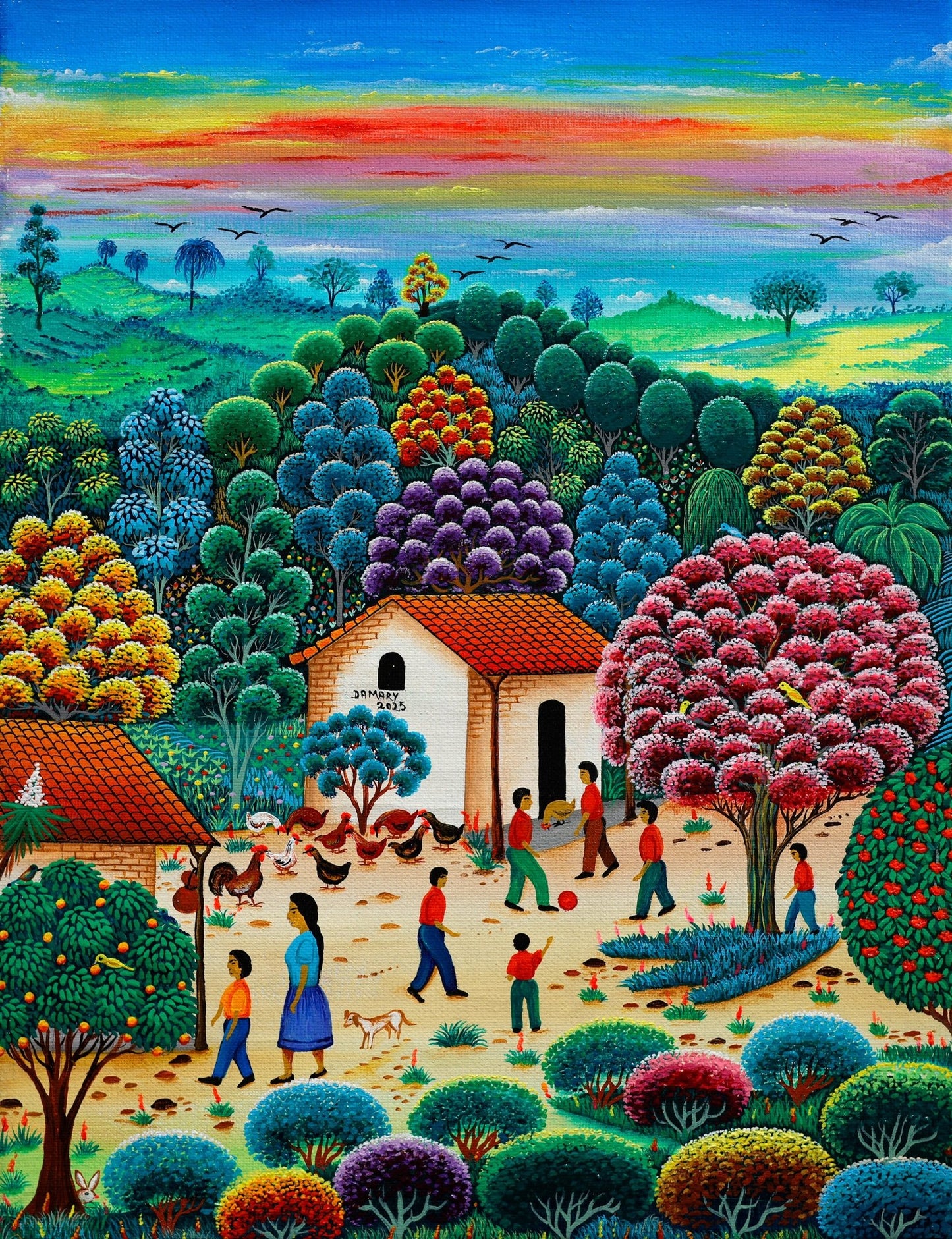 Original Painting "Playing at Sunset" by Damary Maria Zoila Pineda 11.8" x 15.7" - ThePopUp Art Gallery