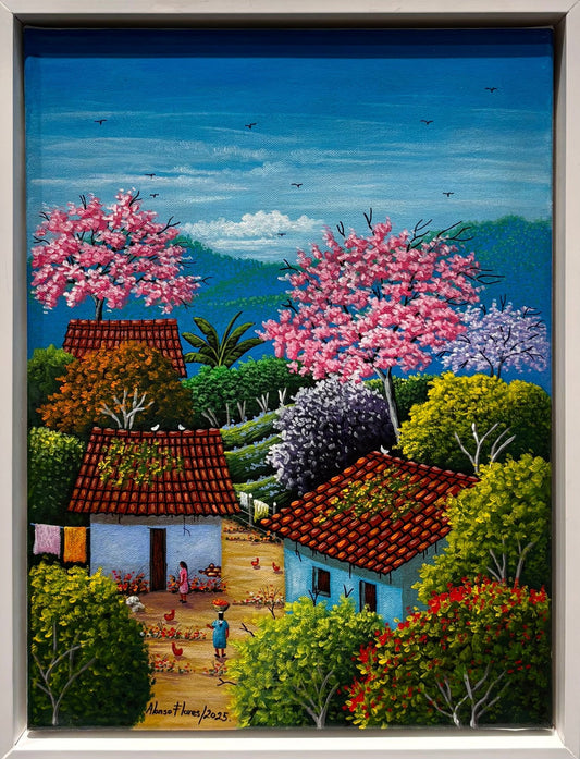 Original Painting “Small Hamlet” by Alonso Flores, El Salvador, 15.7x11.8” - ThePopUp Art Gallery