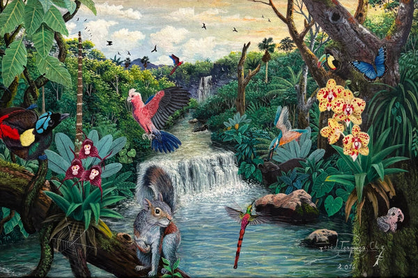 Original, Leather Canvas, "Paradise Along The Amazon" by J. Toaquiza 7.9"x11.8" - ThePopUp Art Gallery