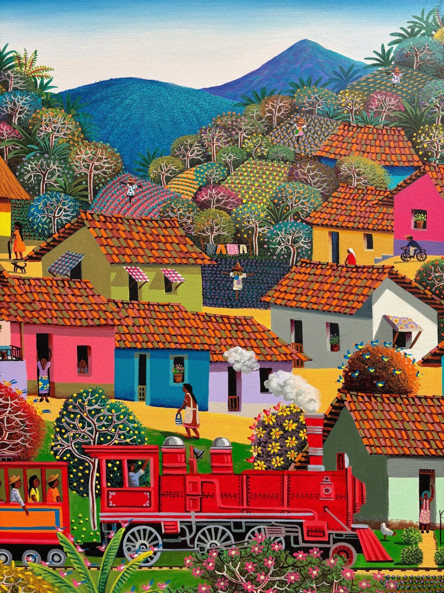 Original Painting "The Train Driving At The Town" by Fausto Perez 29.5" x 37.4" - ThePopUp Art Gallery