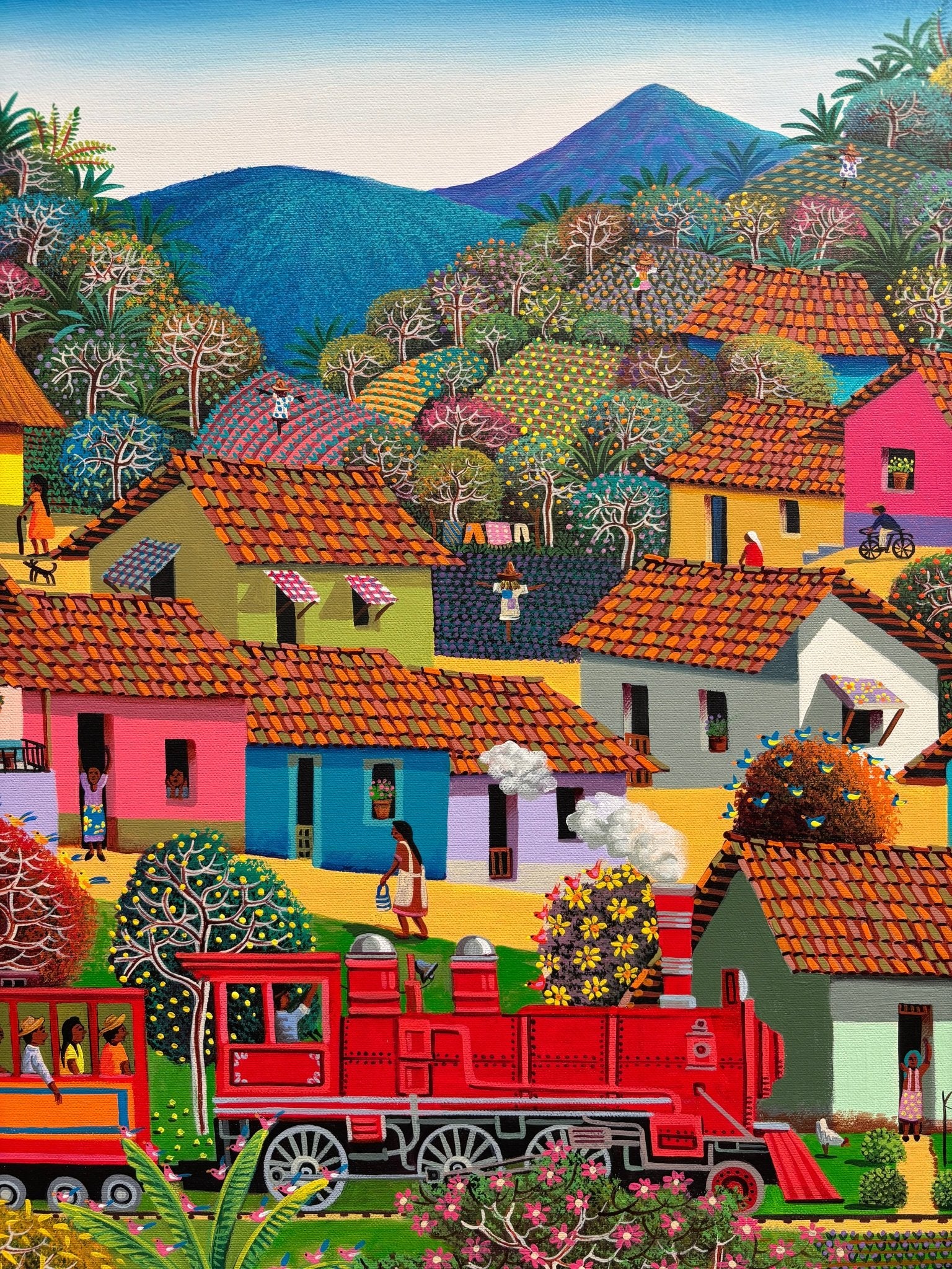 Original Painting "The Train Driving At The Town" by Fausto Perez 29.5" x 37.4" - ThePopUp Art Gallery