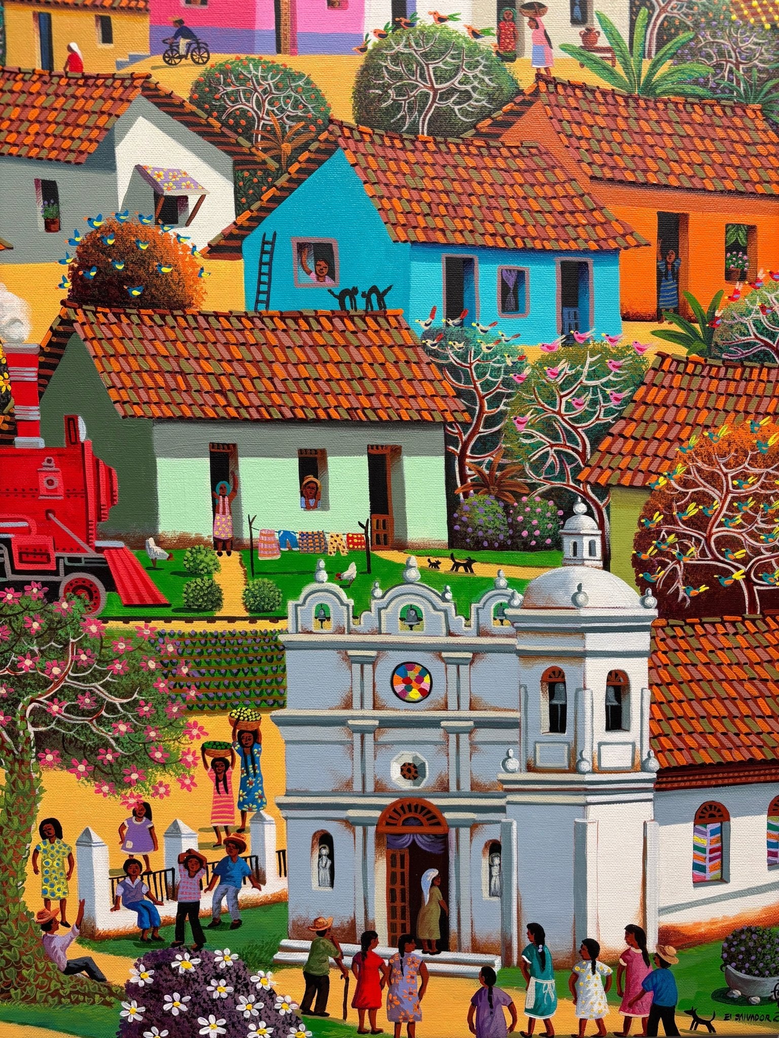 Original Painting "The Train Driving At The Town" by Fausto Perez 29.5" x 37.4" - ThePopUp Art Gallery