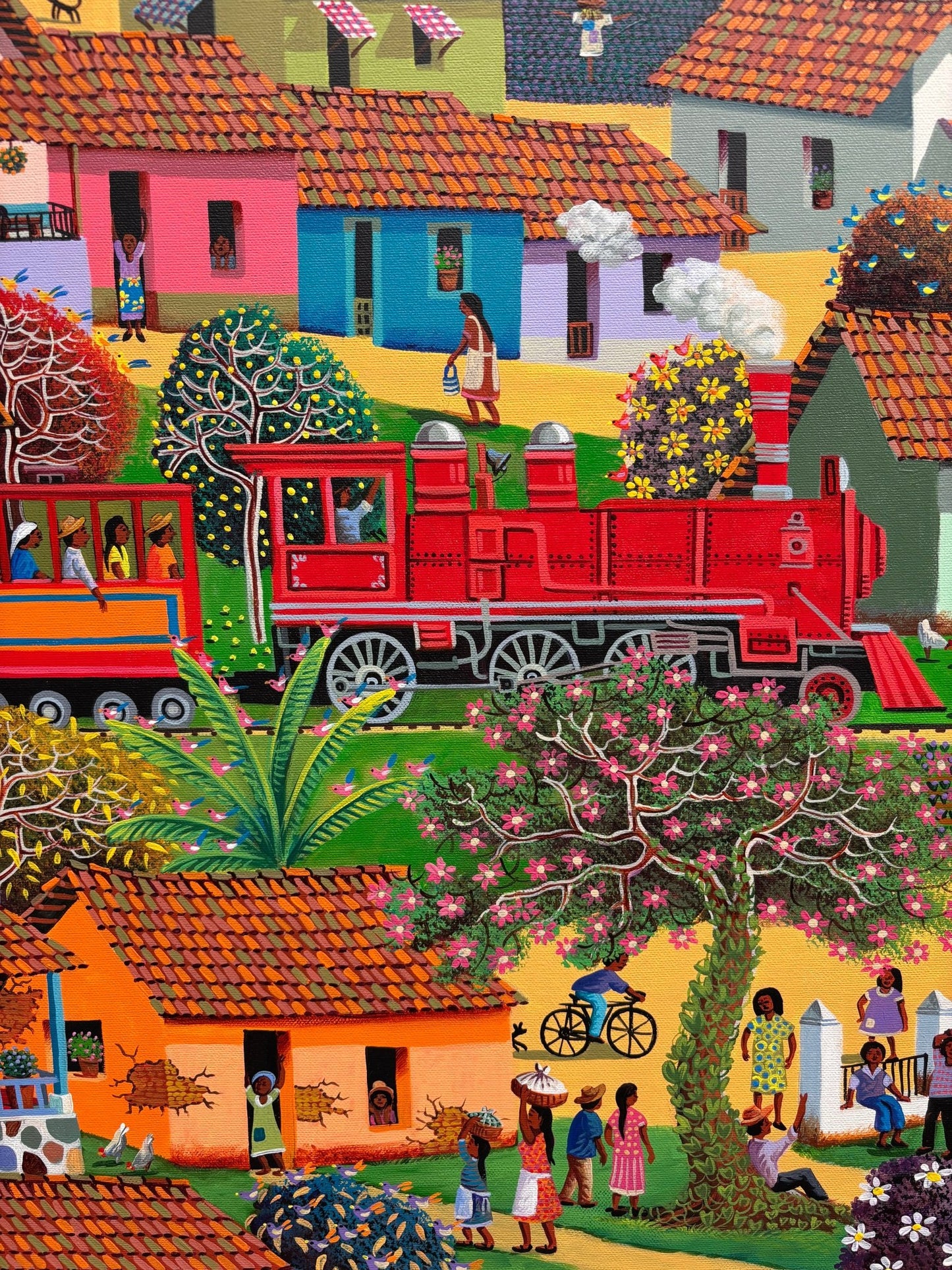 Original Painting "The Train Driving At The Town" by Fausto Perez 29.5" x 37.4" - ThePopUp Art Gallery