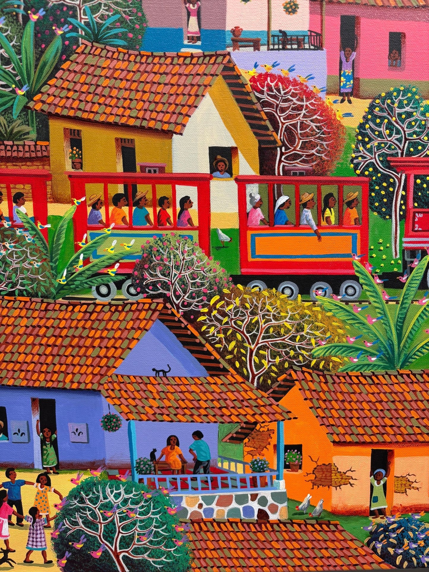 Original Painting "The Train Driving At The Town" by Fausto Perez 29.5" x 37.4" - ThePopUp Art Gallery