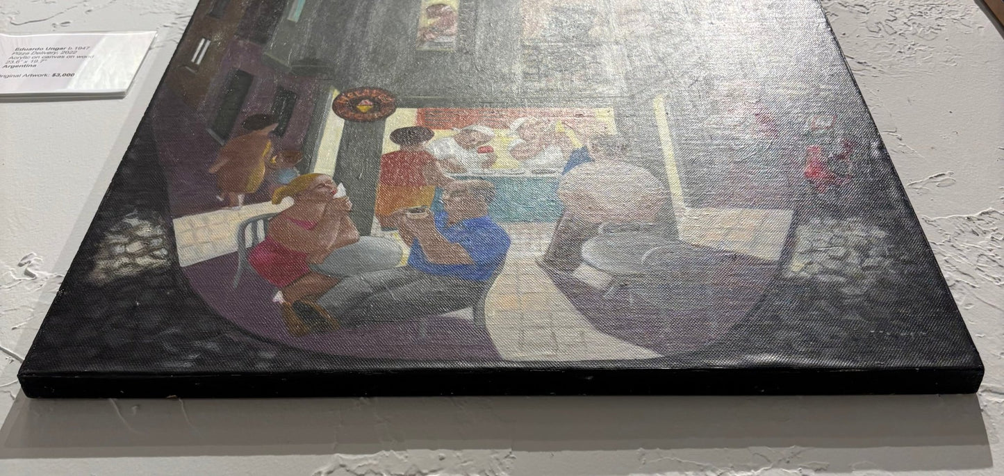 Original Painting "Pizza Delivery" by Eduardo Ungar 23.6” x 19.7” - ThePopUp Art Gallery