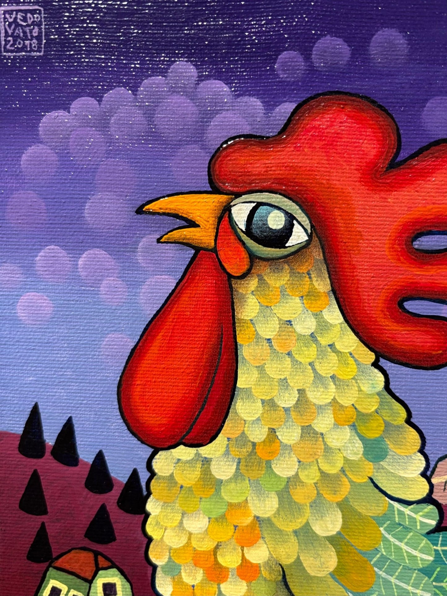 Original Painting "Rooster In the Alps" by Guido Vedovato 15.7" x 11.8" - ThePopUp Art Gallery