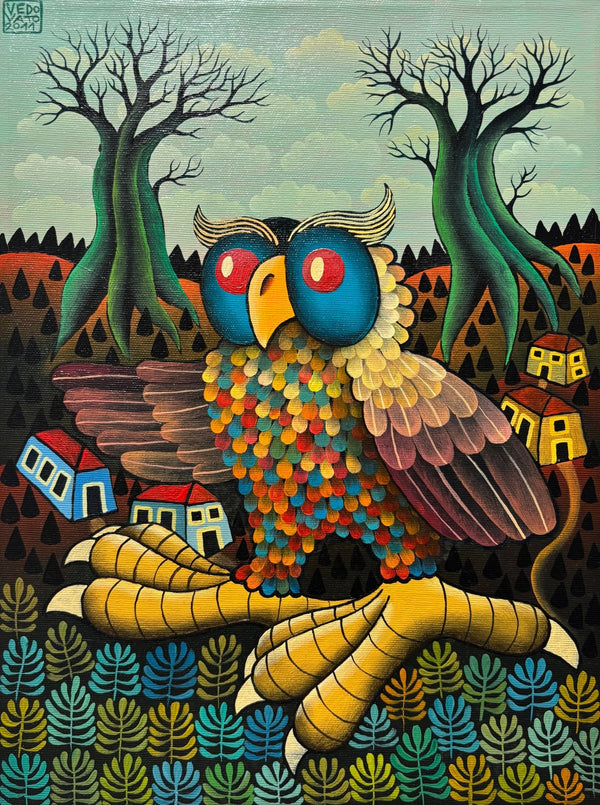 Original Painting "Owl Amidst the Trees" by Guido Vedovato 15.7” x 11.8” - ThePopUp Art Gallery