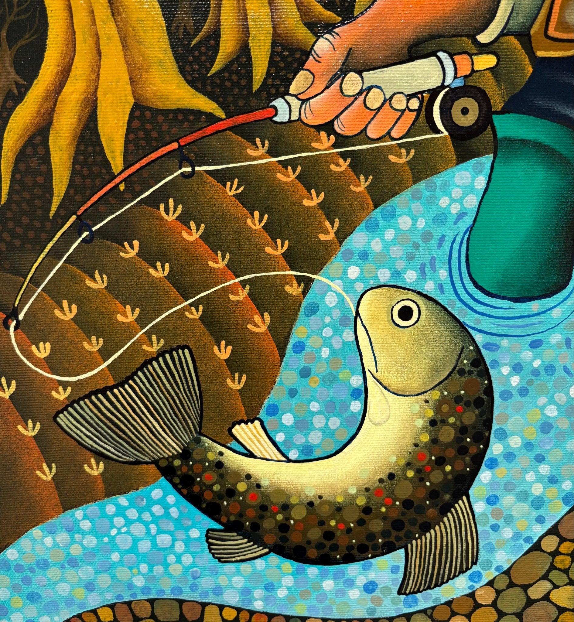 Original Painting "Trout Fishing in Dolomites" by Guido Vedovato 19 3/4" x 15 3/4" - ThePopUp Art Gallery