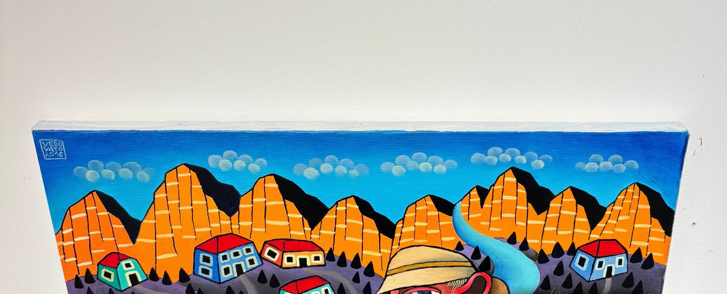 Original Painting "Trout Fishing in Dolomites" by Guido Vedovato 19 3/4" x 15 3/4" - ThePopUp Art Gallery