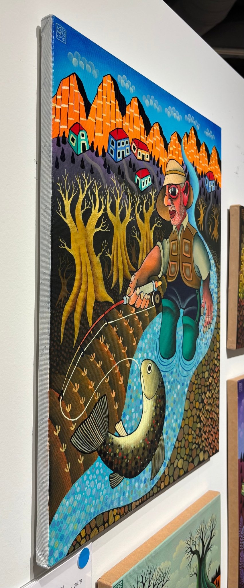 Original Painting "Trout Fishing in Dolomites" by Guido Vedovato 19 3/4" x 15 3/4" - ThePopUp Art Gallery