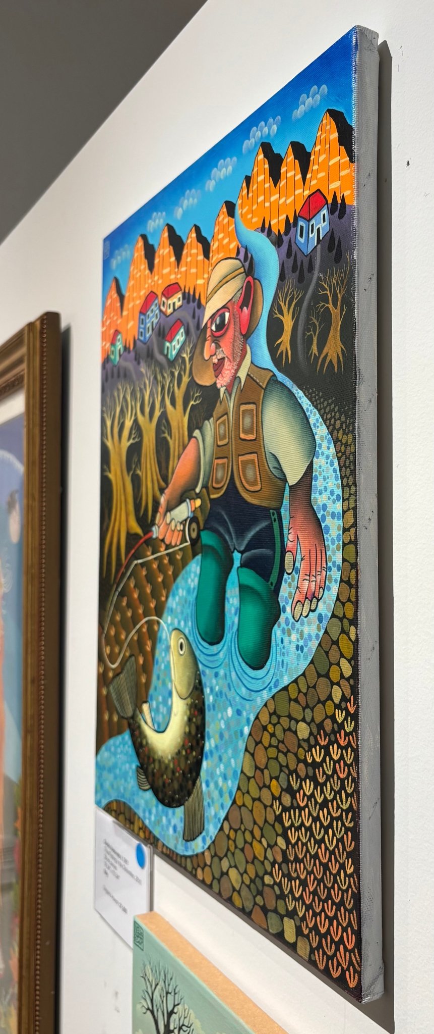 Original Painting "Trout Fishing in Dolomites" by Guido Vedovato 19 3/4" x 15 3/4" - ThePopUp Art Gallery