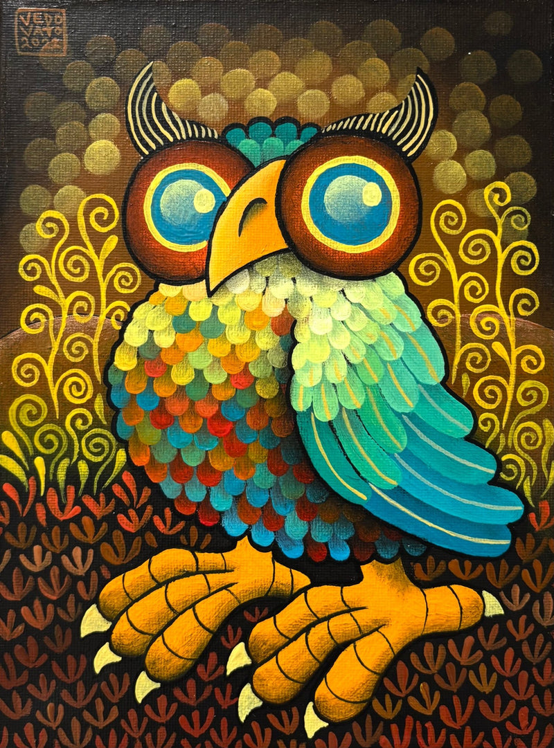 Original Painting "Owl" by Guido Vedovato 7.1” x 9.4” - ThePopUp Art Gallery