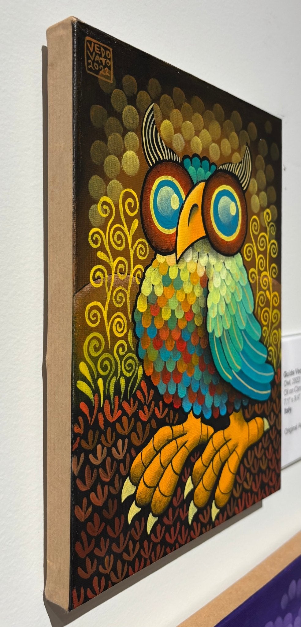 Original Painting "Owl" by Guido Vedovato 7.1” x 9.4” - ThePopUp Art Gallery