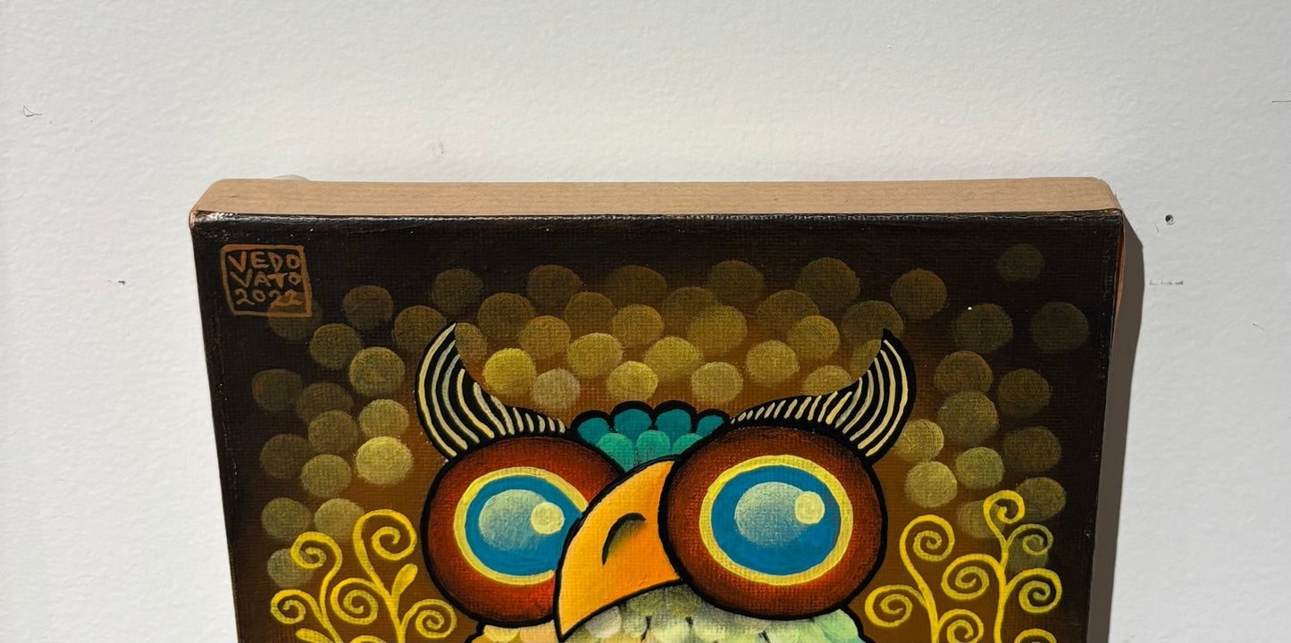 Original Painting "Owl" by Guido Vedovato 7.1” x 9.4” - ThePopUp Art Gallery