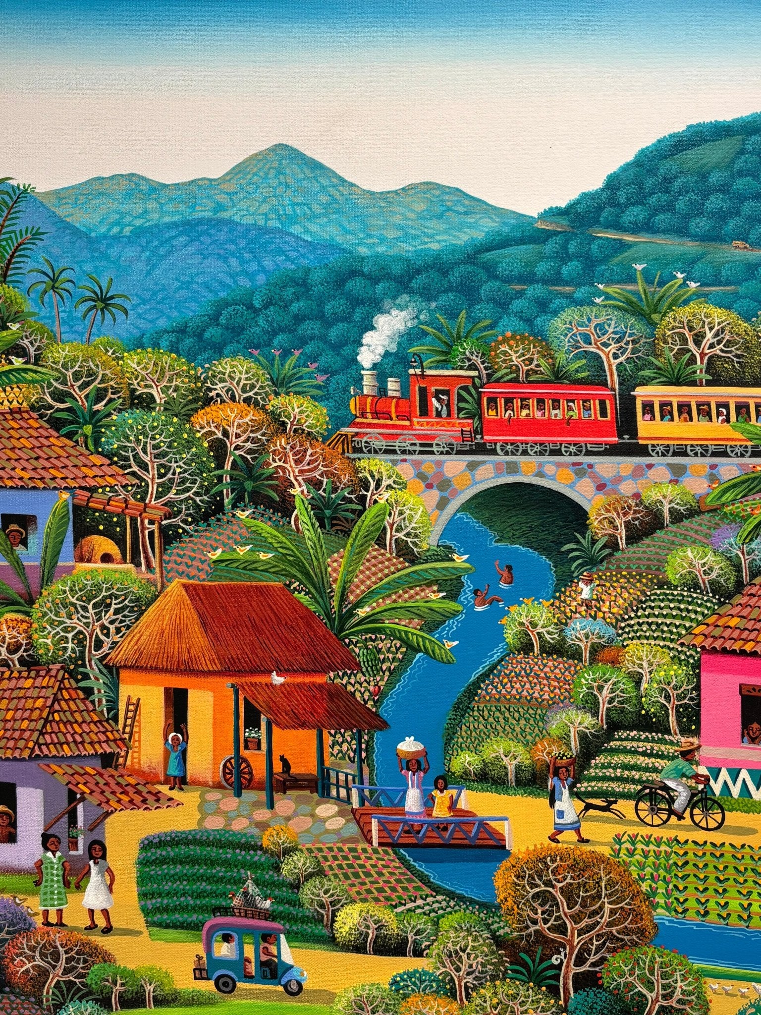 Original Painting "The Town Train" by Fausto Pérez 37.4" x 29.5" - ThePopUp Art Gallery