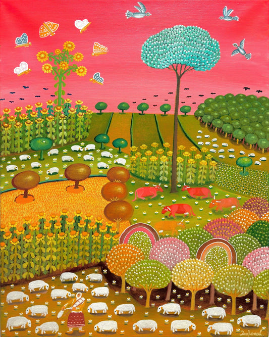 Original Painting "Shepherdess Among the Lambs" 19.7"x 15.4" - ThePopUp Art Gallery