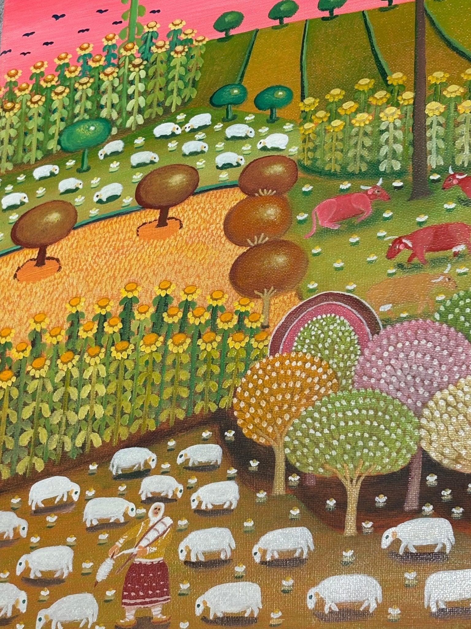 Original Painting "Shepherdess Among the Lambs" 19.7"x 15.4" - ThePopUp Art Gallery
