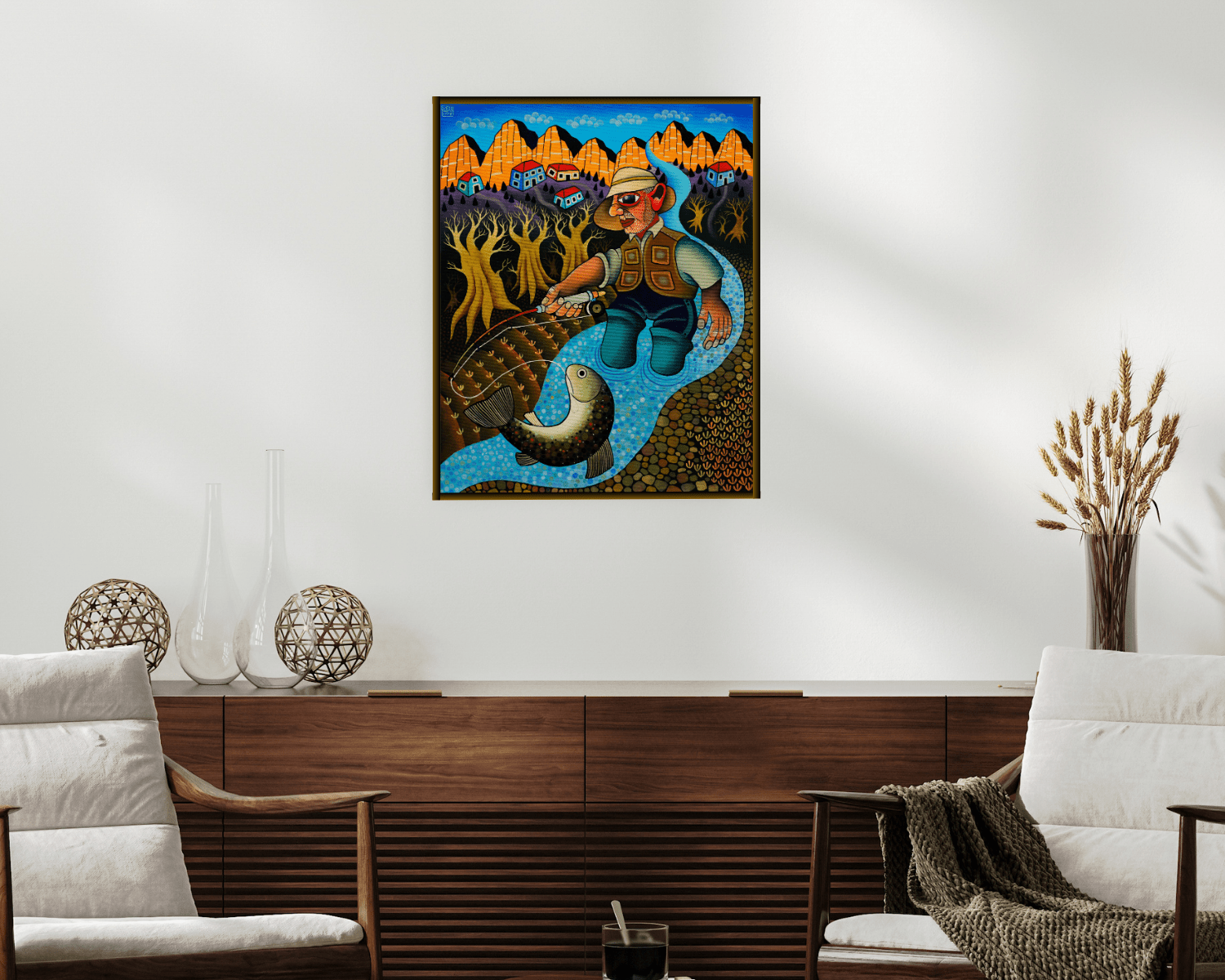 Original Painting "Trout Fishing in Dolomites" by Guido Vedovato 19 3/4" x 15 3/4" - ThePopUp Art Gallery