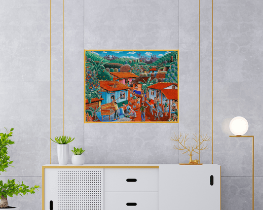 Original Painting "Processing the Corn Harvest" by Rigoberto Melendez 12.4" x 16.4" - ThePopUp Art Gallery