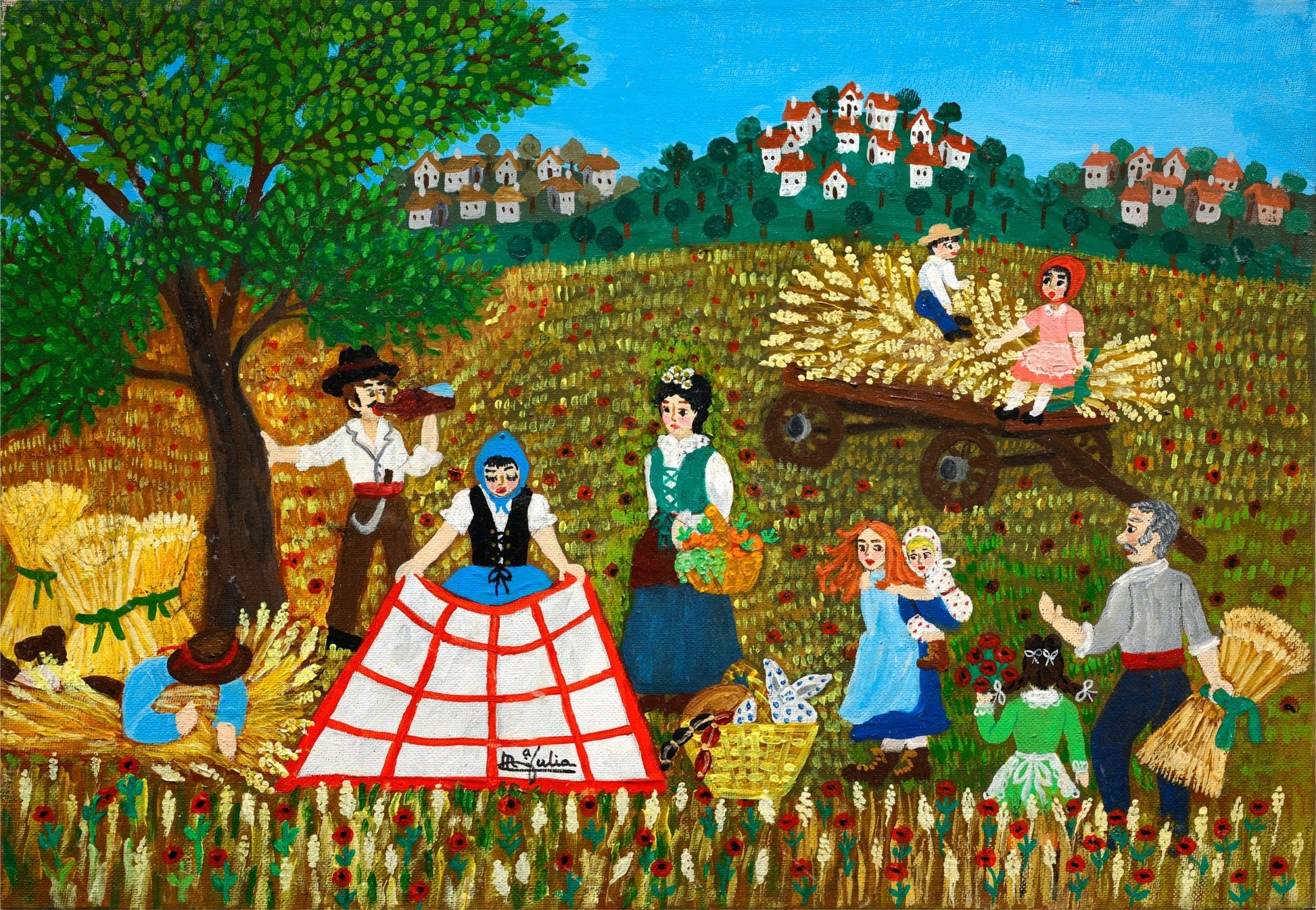 Original Painting "Harvest Lunch Break" by Maria Julia Fraile 13" x 18.1" - ThePopUp Art Gallery