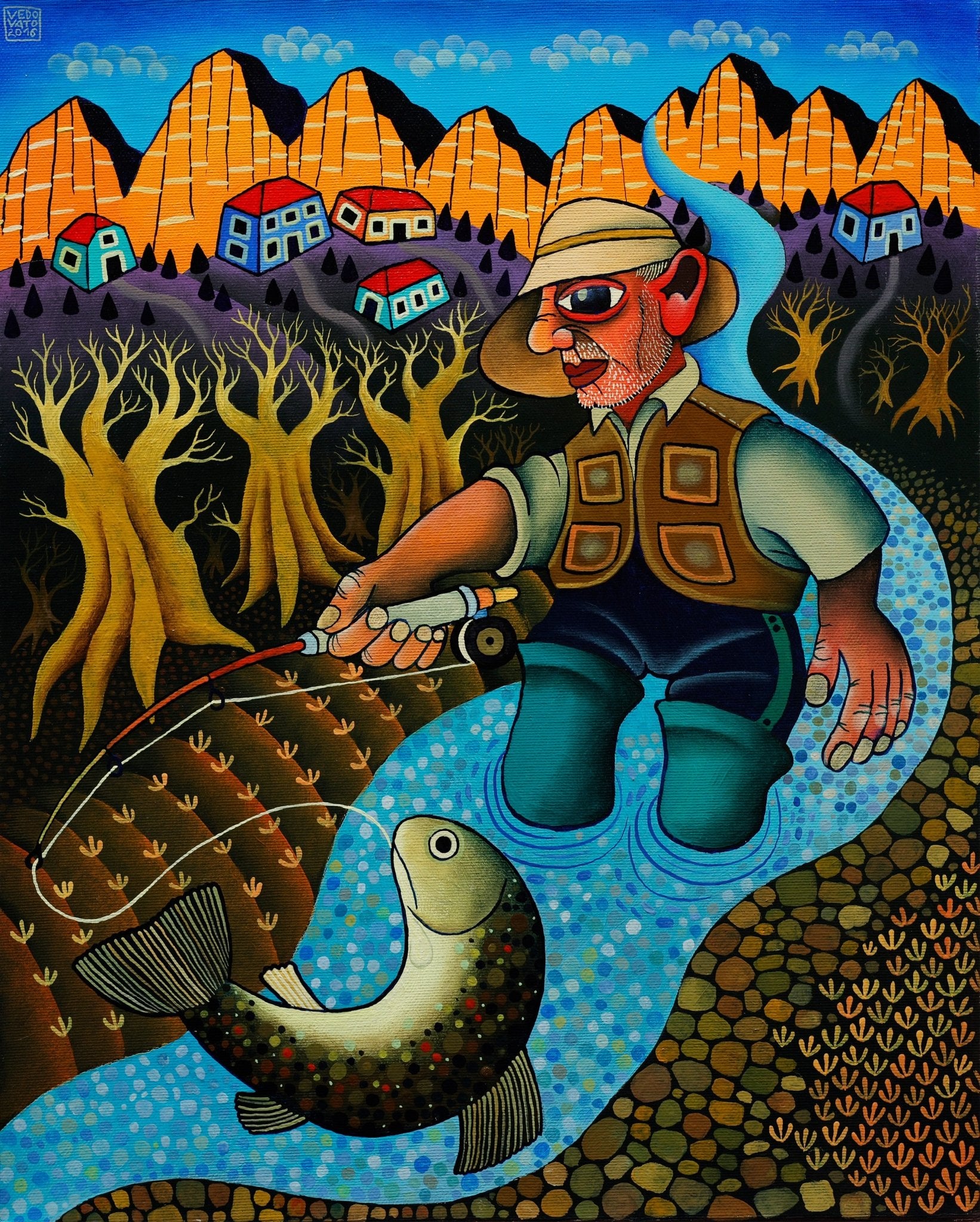 Original Painting "Trout Fishing in Dolomites" by Guido Vedovato 19 3/4" x 15 3/4" - ThePopUp Art Gallery