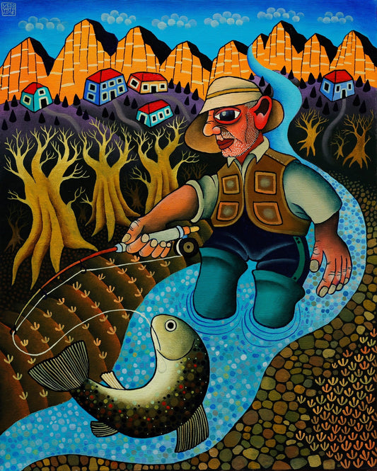 Original Painting "Trout Fishing in Dolomites" by Guido Vedovato 19 3/4" x 15 3/4" - ThePopUp Art Gallery