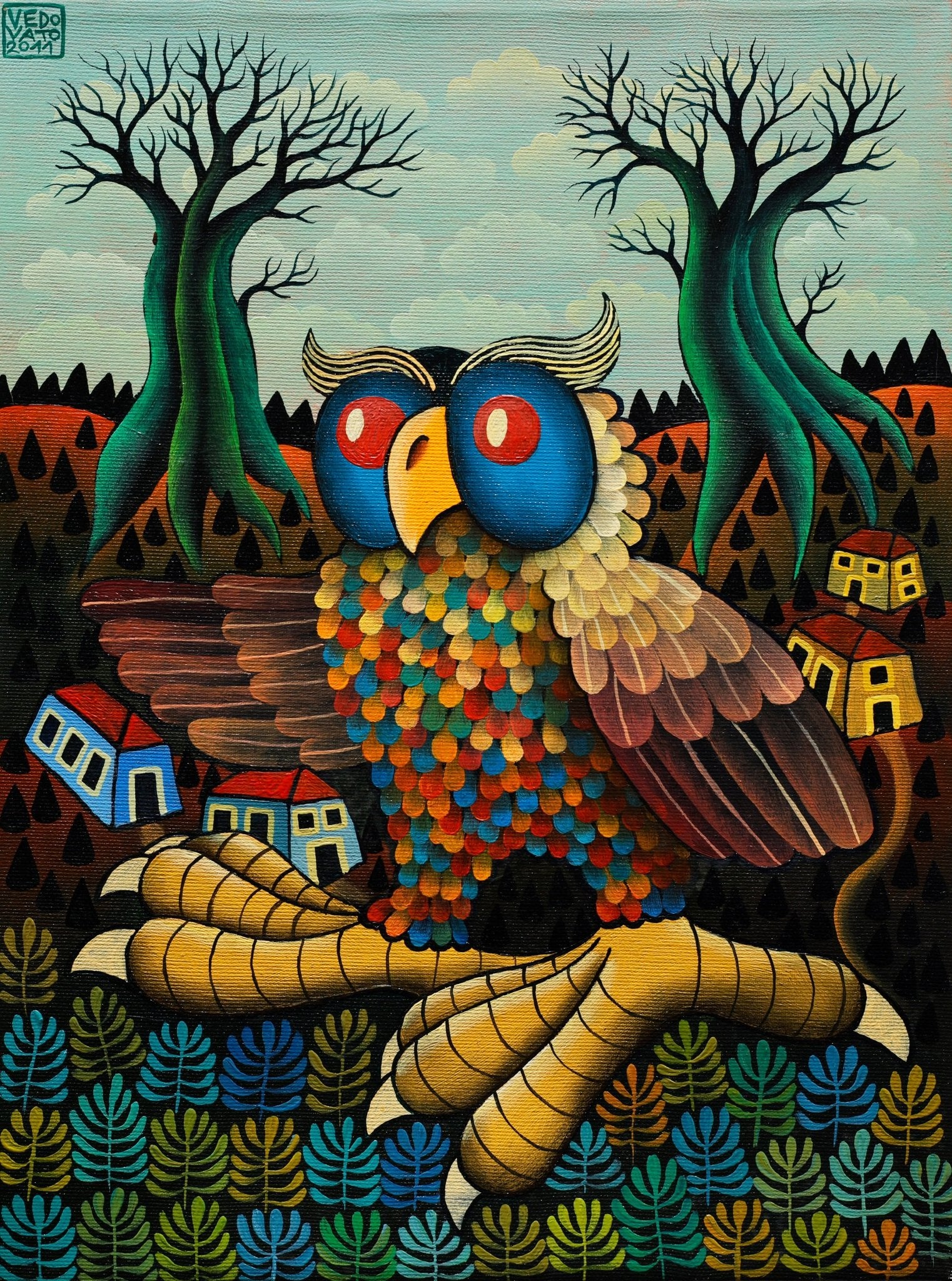 Original Painting "Owl Amidst the Trees" by Guido Vedovato 15.7” x 11.8” - ThePopUp Art Gallery