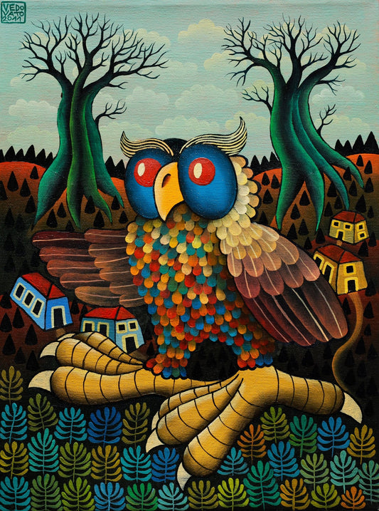 Original Painting "Owl Amidst the Trees" by Guido Vedovato 15.7” x 11.8” - ThePopUp Art Gallery