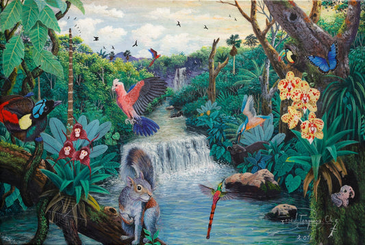 Original, Leather Canvas, "Paradise Along The Amazon" by J. Toaquiza 7.9"x11.8" - ThePopUp Art Gallery
