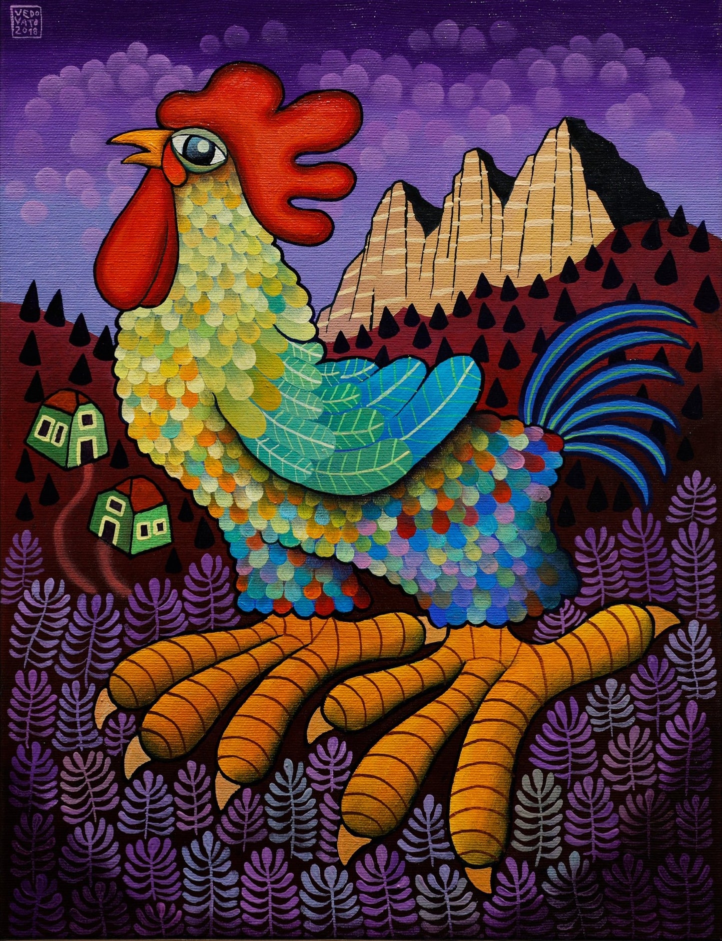 Original Painting "Rooster In the Alps" by Guido Vedovato 15.7" x 11.8" - ThePopUp Art Gallery