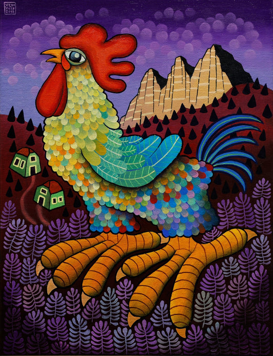Original Painting "Rooster In the Alps" by Guido Vedovato 15.7" x 11.8" - ThePopUp Art Gallery