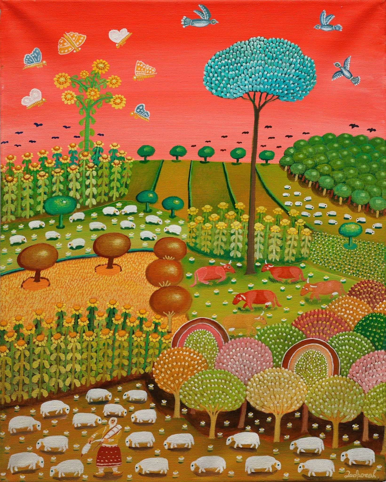 Original Painting "Shepherdess Among the Lambs" 19.7"x 15.4" - ThePopUp Art Gallery