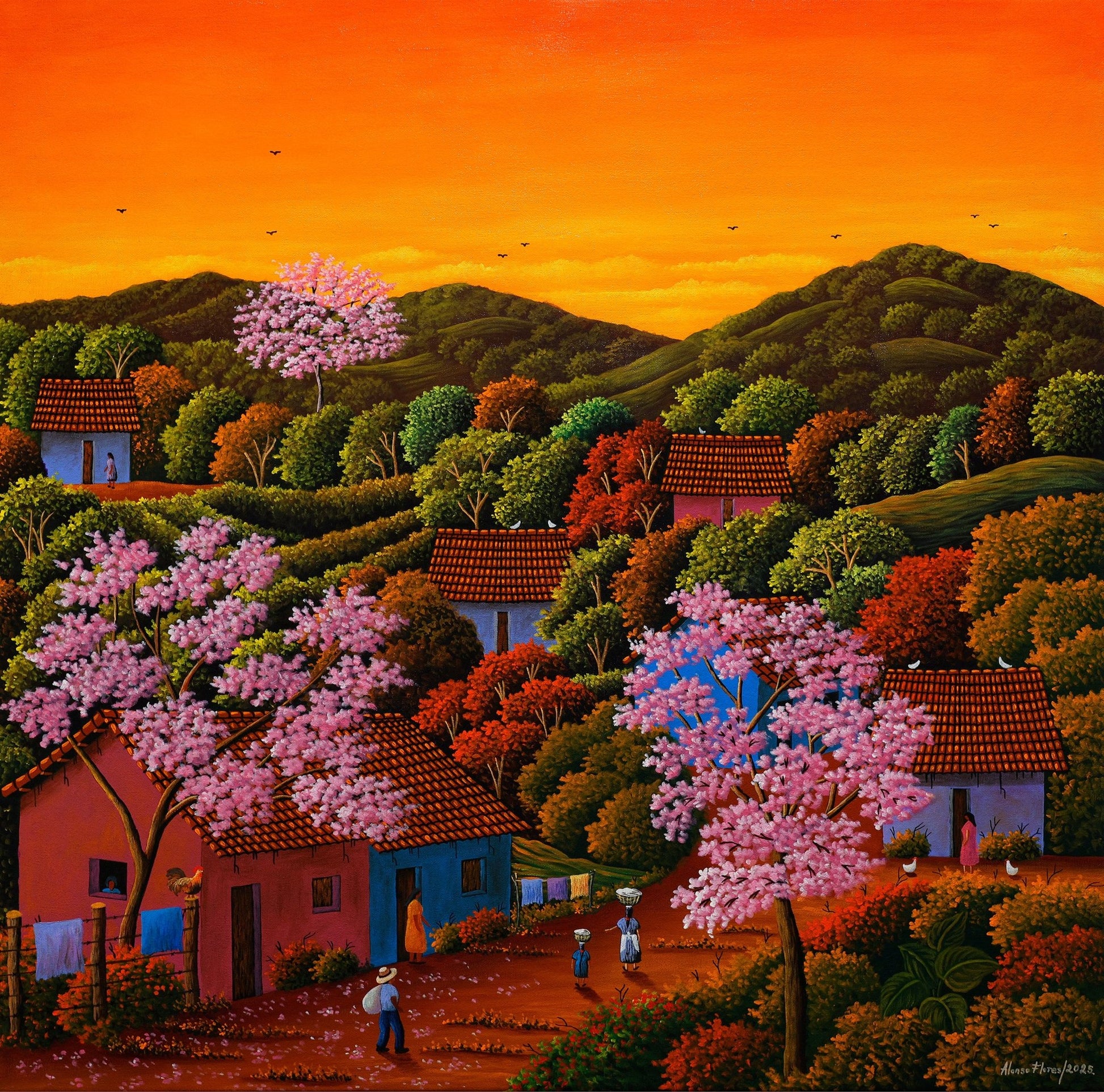 Original Painting "Sunset" by Alonso Flores 33.5"x33.5" - ThePopUp Art Gallery