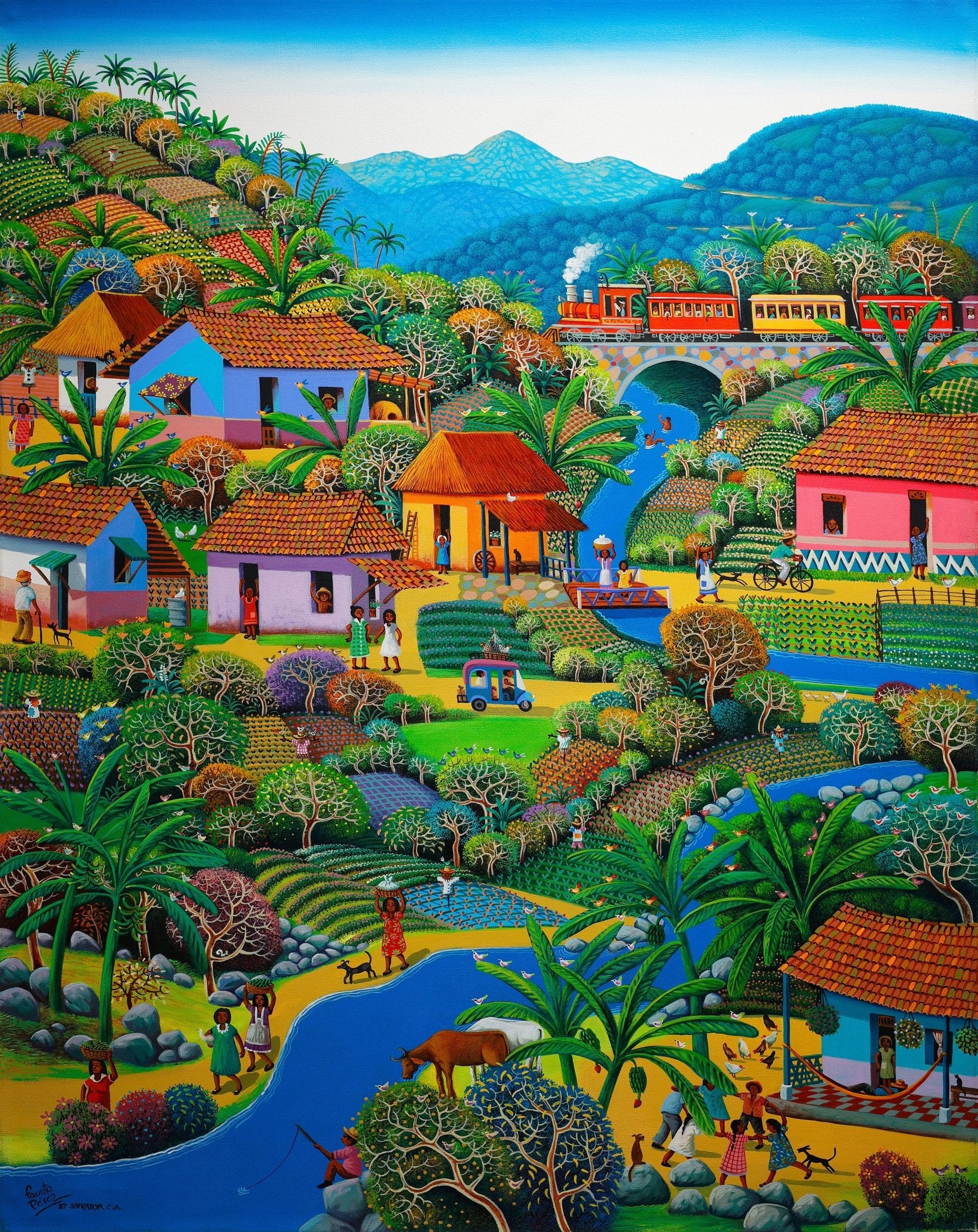 Original Painting "The Town Train" by Fausto Pérez 37.4" x 29.5" - ThePopUp Art Gallery
