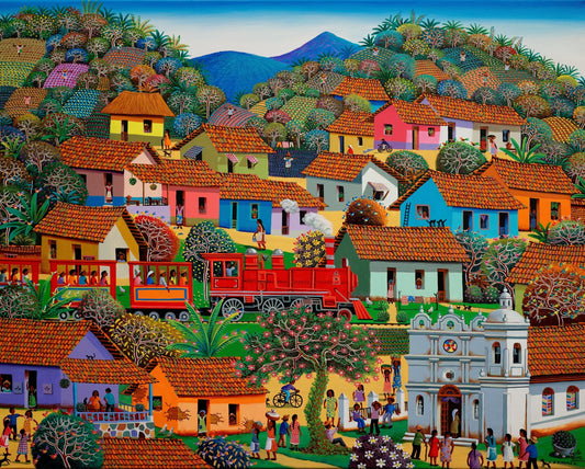 Original Painting "The Train Driving At The Town" by Fausto Perez 29.5" x 37.4" - ThePopUp Art Gallery