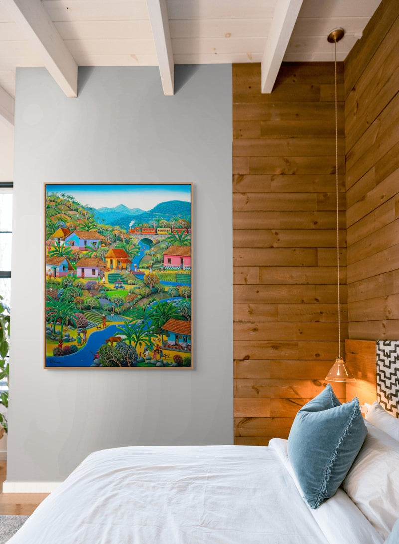 Original Painting "The Town Train" by Fausto Pérez 37.4" x 29.5" - ThePopUp Art Gallery