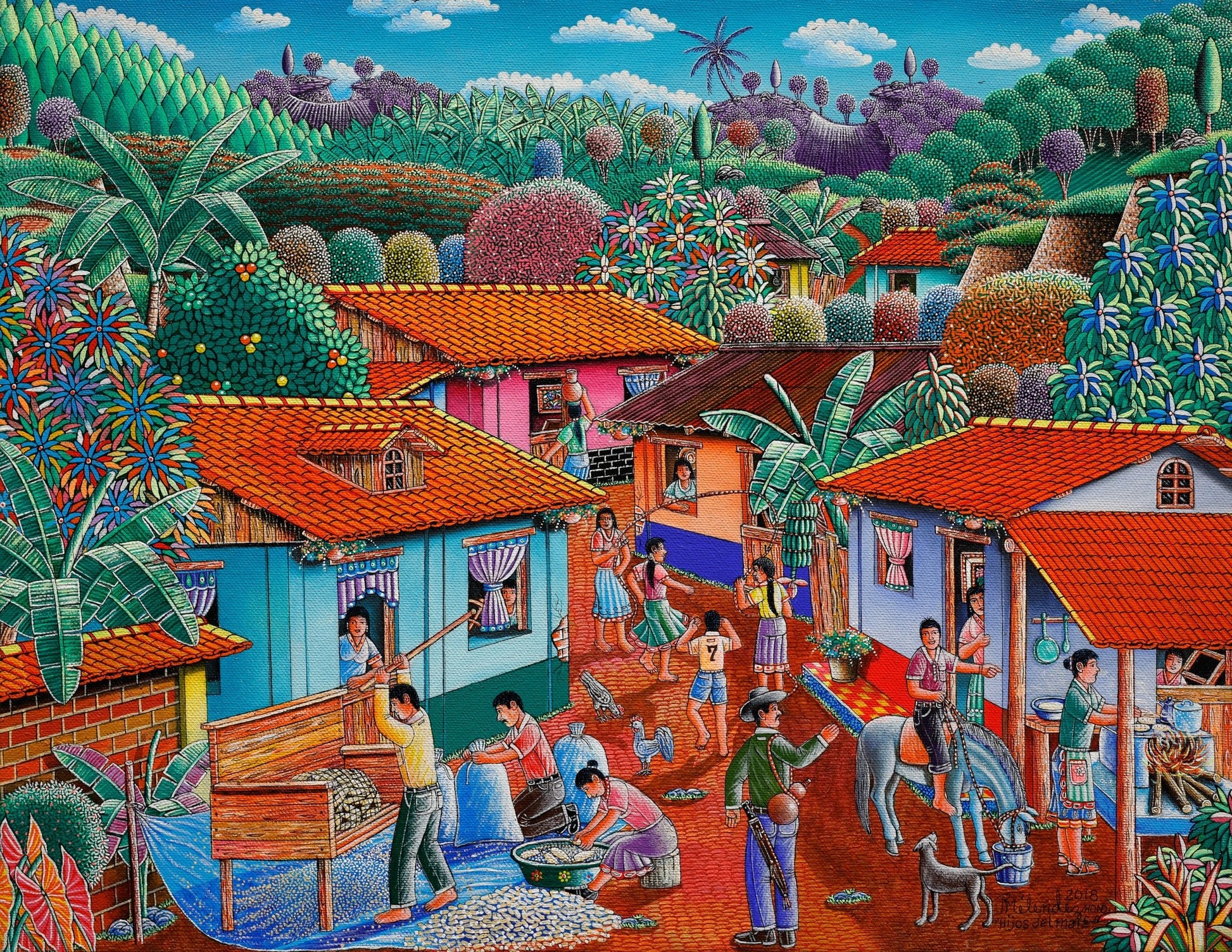 Original Painting "Processing the Corn Harvest" by Rigoberto Melendez - ThePopUp Art Gallery