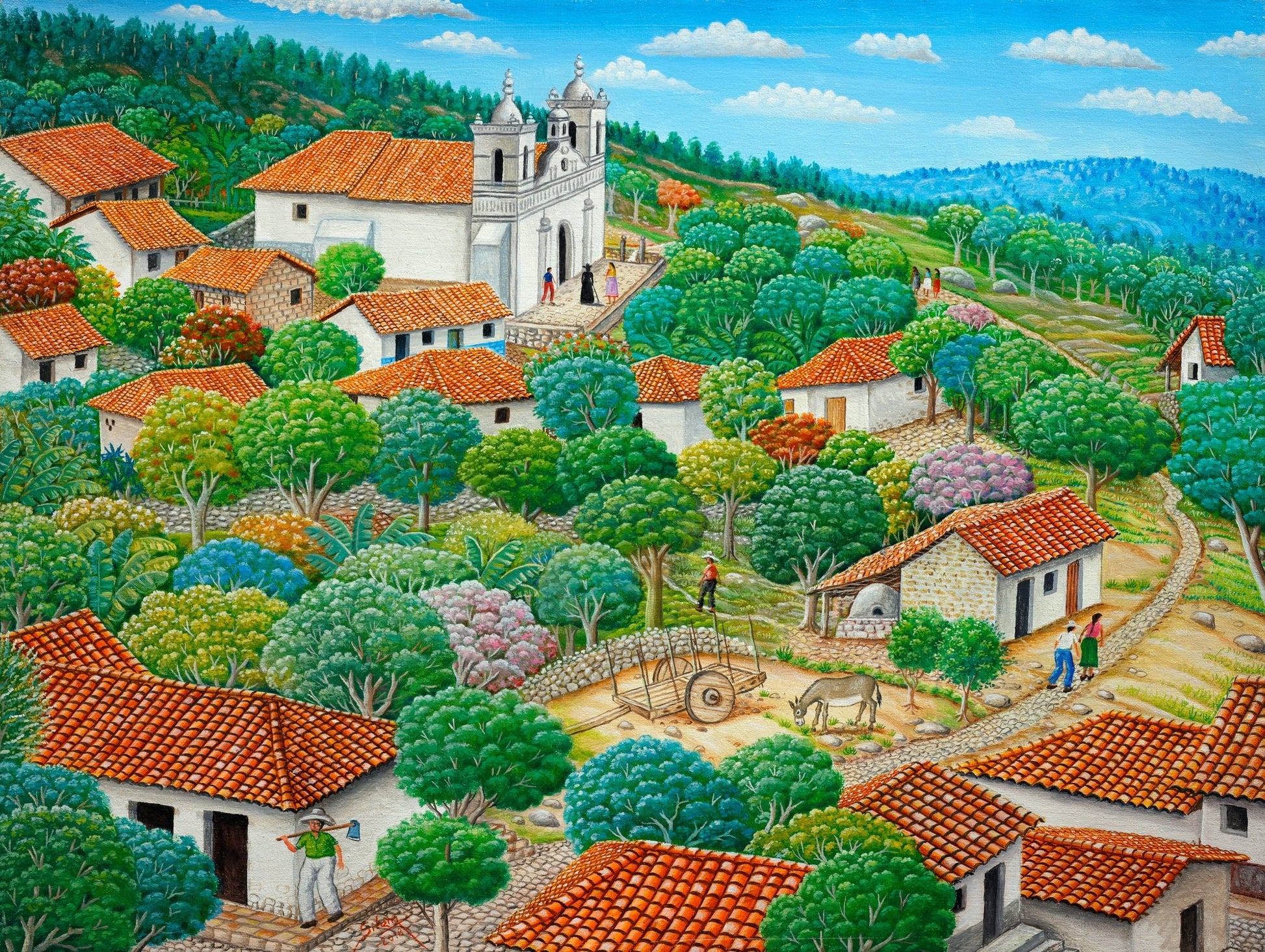 Original Painting "Village Life" Silem Espinoza 18.1" x 24" - ThePopUp Art Gallery