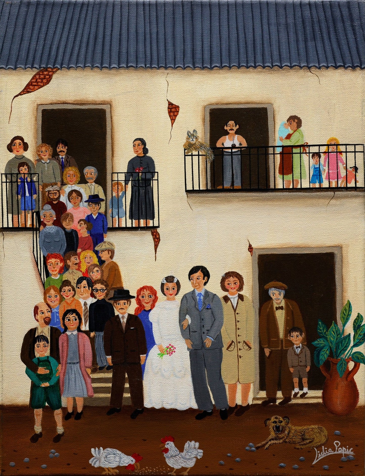 Original Painting "A Wedding in the Courtyard" by Lidia Papic 17.7"x13.8" - ThePopUp Art Gallery