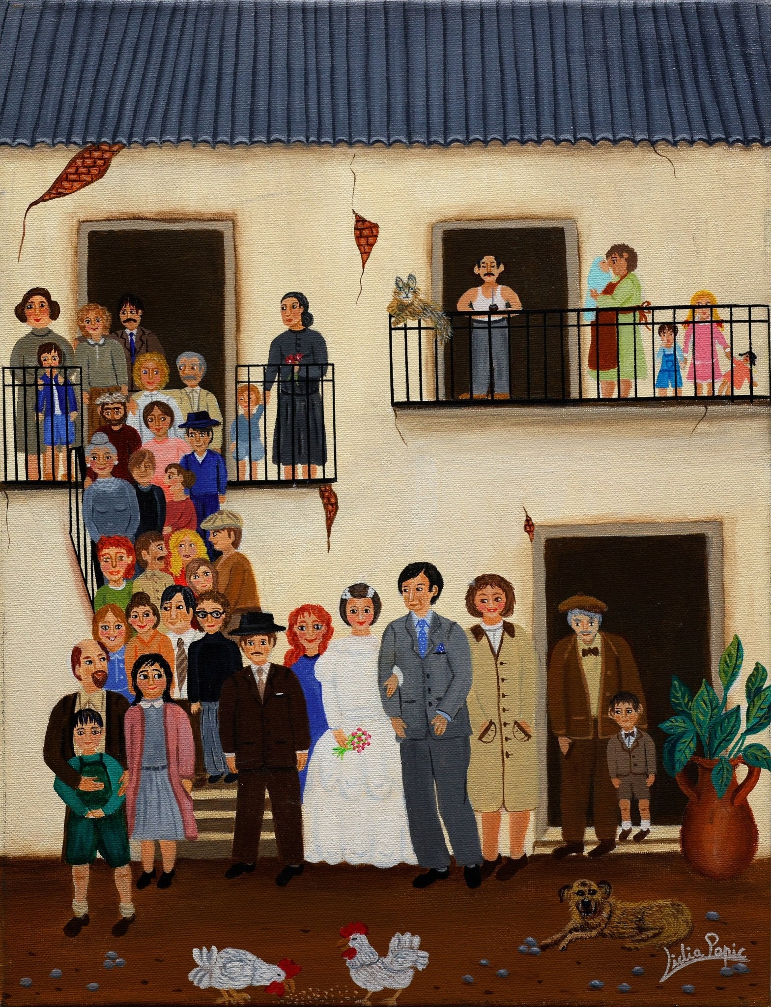 Original Painting "A Wedding in the Courtyard" by Lidia Papic 17.7"x13.8" - ThePopUp Art Gallery