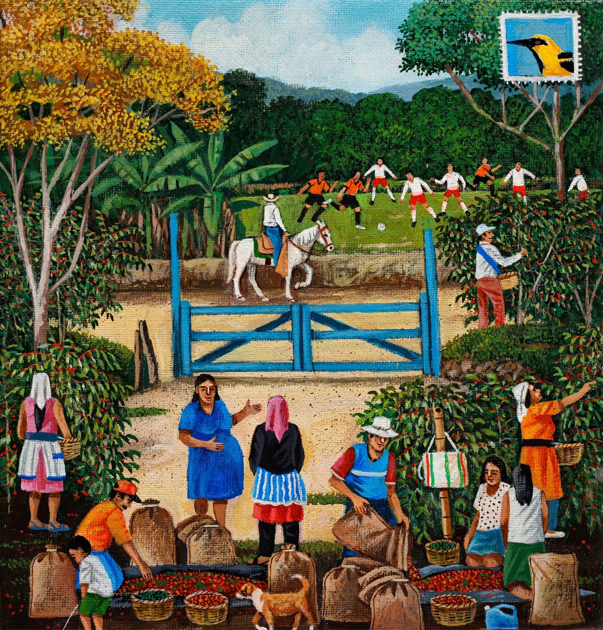Original Painting "Life in the Coffee and Football Field" by Edmundo Otoniel 9.45"x8.66" - ThePopUp Art Gallery